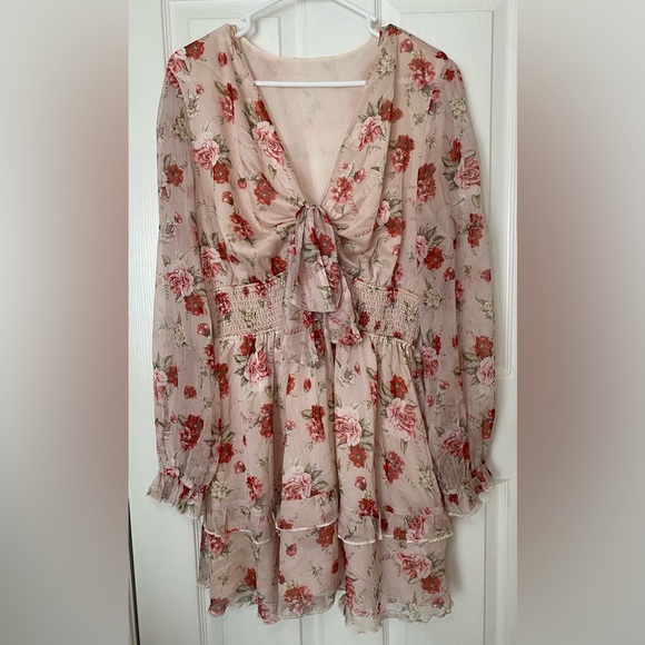Floral Tie-Front Mini Dress - Pink/Cream Size 2X - Picture 2 of 4